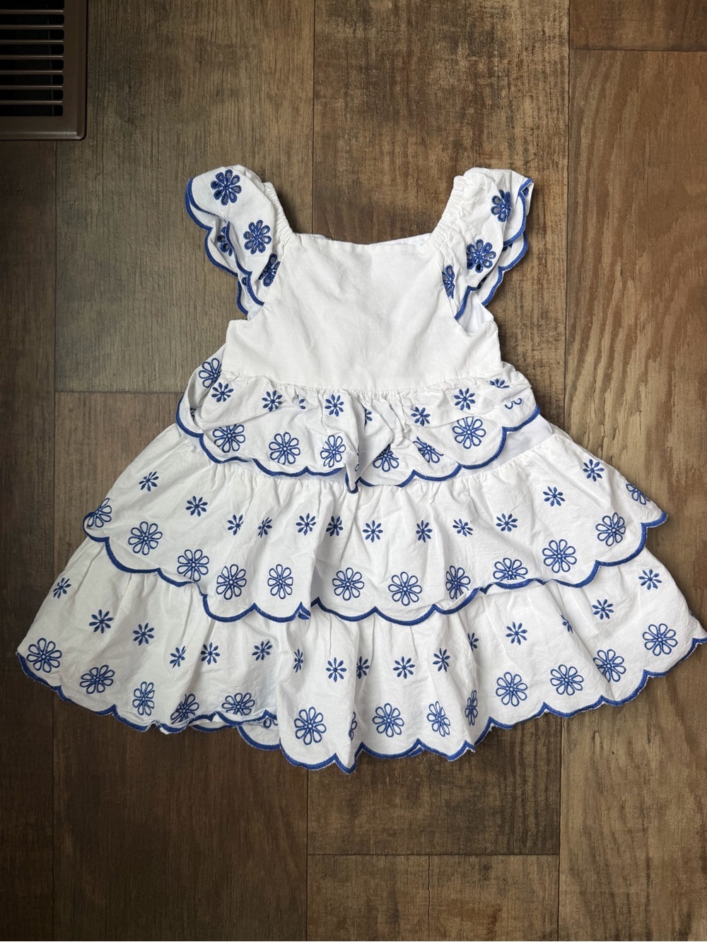 Counting Daisies White Tiered Eyelet Dress with Blue Floral Embroidery #005